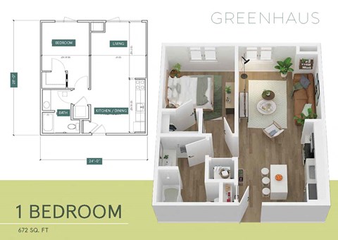 Floor plan for 1 bed, 1 bath, 672 sqft